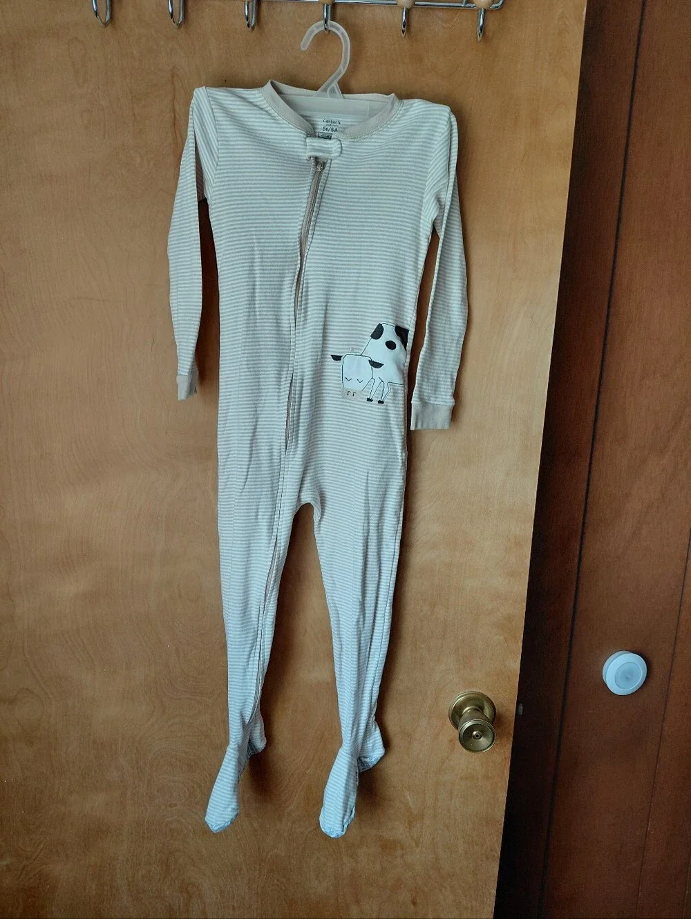New Carter's Cream & White Striped Footed One-Piece Pjs with Cow Graphic 5T
